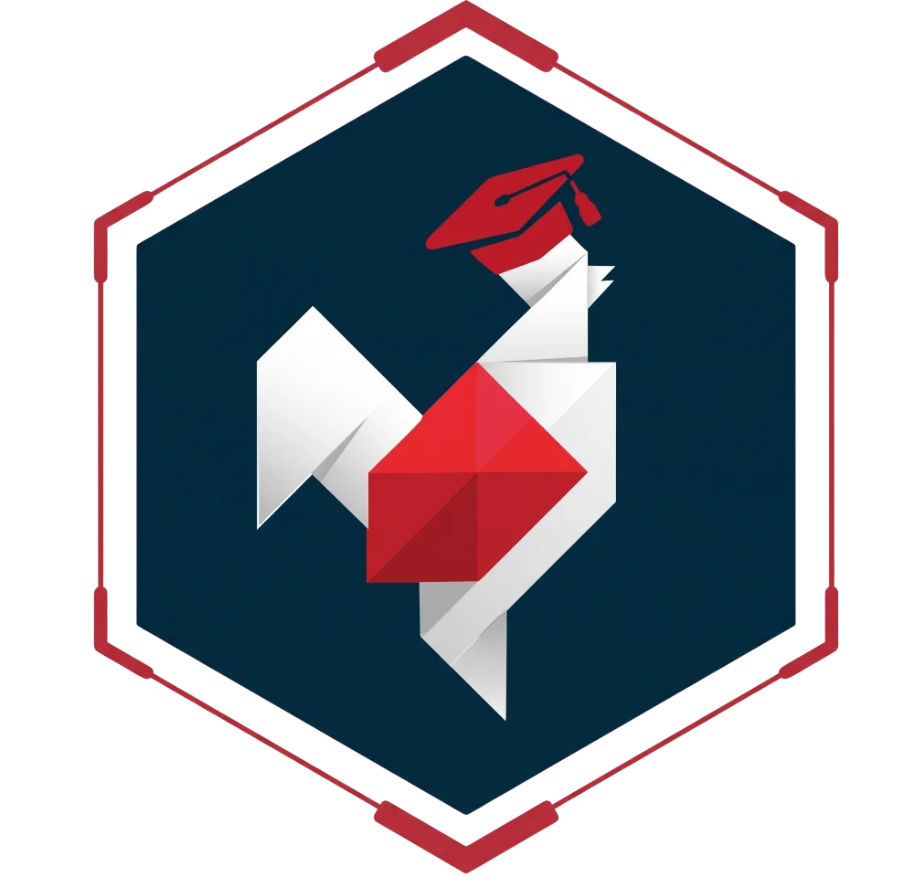 Sekurak Academy — logo: origamowy kogut w birecie w sześciokątnej ramce